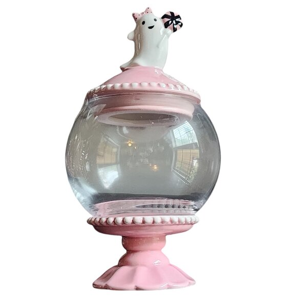 Pink Halloween Ghost Girl W/Candy & Bow Glass Candy jar/Treat Jar NWT Viral - Picture 1 of 10